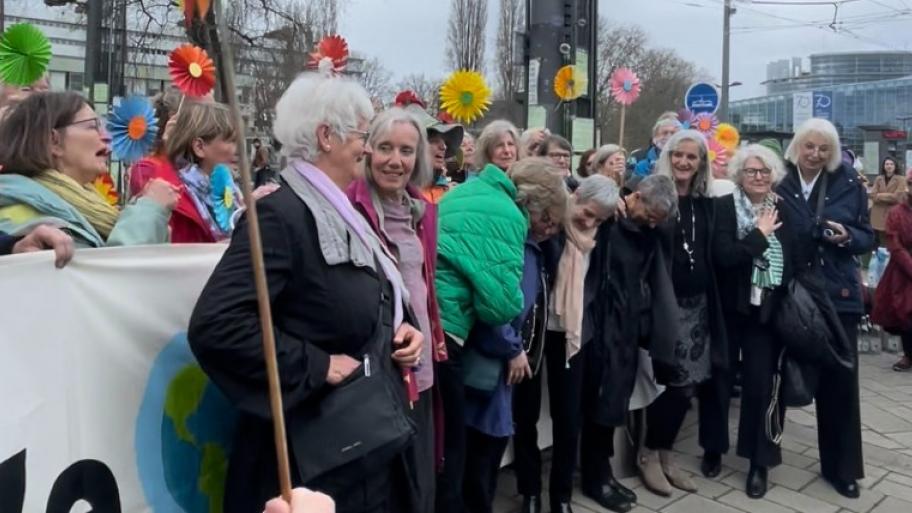 Foto von den Klima-Seniorinnen auf einer Demonstration. Mehrere ältere Frauen stehen vorne in einer Reihe. Hinter ihnen sind Menschen mit Schildern und gebastelten Blumen zu sehen.