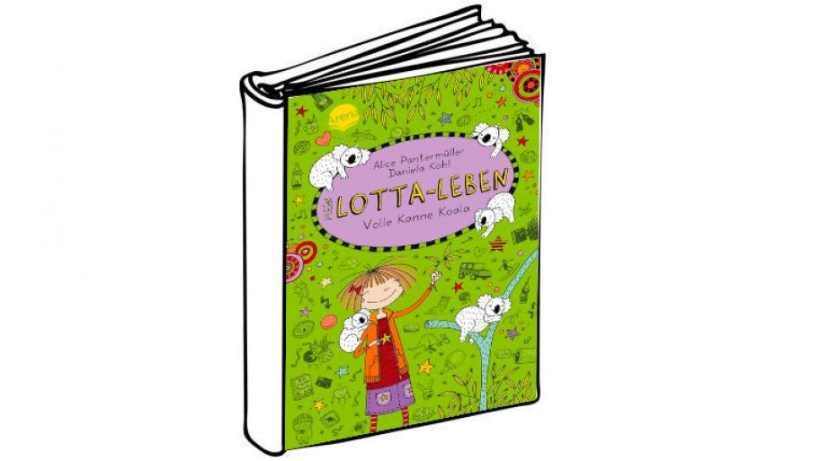 Lotta hat ein Eukalyptusblatt in der Hand und ihr liegt ein Koala auf der Schulter, grünes Cover mit kleinen Piktogrammen
