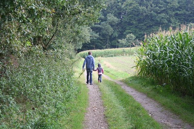 Ein Vater geht mit seinem Kind im Wald spazieren