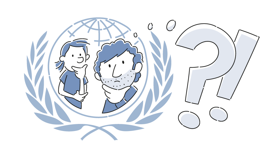 Zwei Personen sind auf dem Symbol der UN-Kinderrechtskonvention abgebildet, die Fragend schauen. Daneben sind ein Ausrufezeichen und ein Fragezeichen.