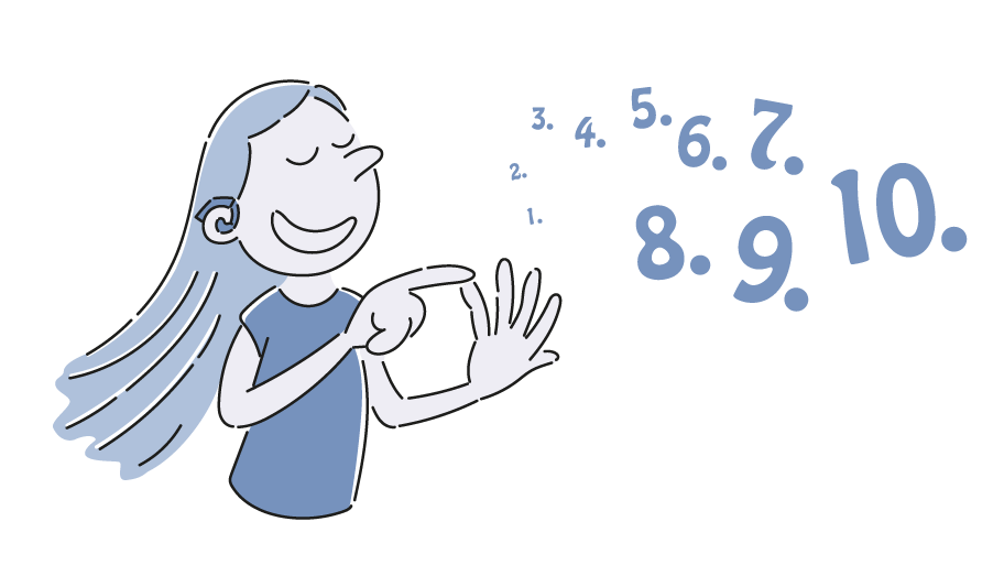 Ein Kind zählt an der Hand ab. Die Zahlen 1 bis 10 schweben neben dem Kind in der Luft.
