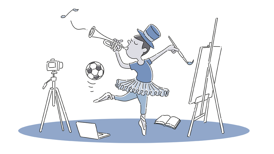 Ein Kind macht eine Ballett-Pose, während es gleichzeitig einen Fußball balanciert, Trompete spielt und auf einer Staffelei malt. Im Hintergund liegt ein Buch, im Vordergrund ist eine Kamera und ein Laptop zu sehen.