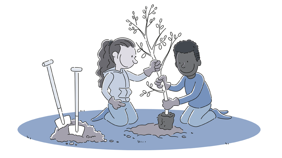 Zwei Kinder pflanzen einen Baum.