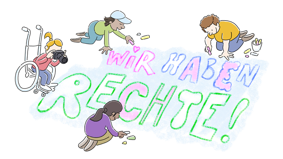 drei Kinder hocken auf dem Boden und schreiben mit Kreide, wir haben Rechte! Ein Kind im Rollstuhl fotografiert das große Kreidebild