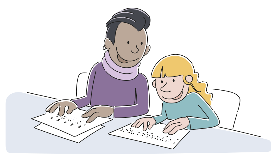 Ein Mann und ein Kind üben die Braille-Schrift. Das ist eine Schrift für blinde Menschen.