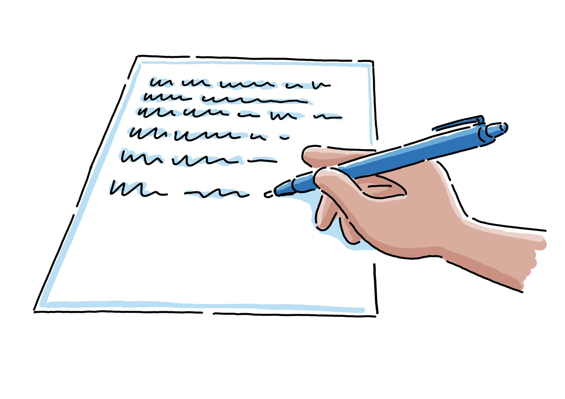 Eine Hand schreibt auf einem Blatt Papier.