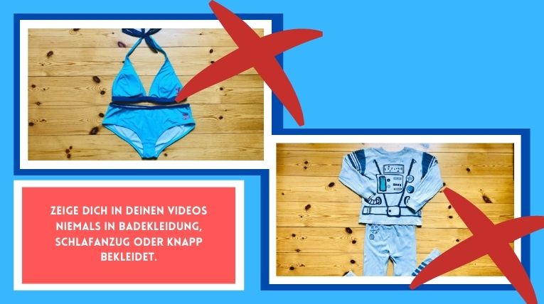 Auf einem Bild ist ein blauer Bikini abgebildet, auf dem anderen ein hell-blauer Schlafanzug. Darunter befindet sich die Erklärung des Bildes auf rotem Hintergrund. An beiden Bildern befindet sich rechts jeweils ein rotes Kreuz.