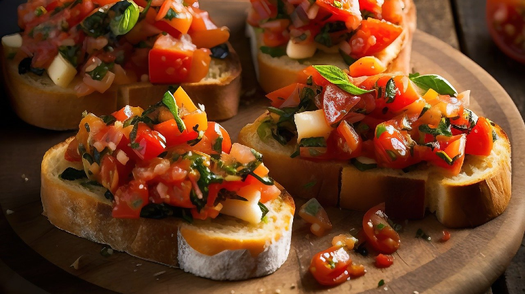 Baguettebrot in Scheiben geschnitten und mit klein gehackten Tomaten, Zwiebeln und Knoblauch belegt, mit Basilikumblättern garniert