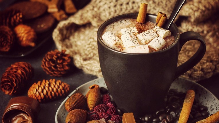Eine Tasse heiße Schokolade mit Marshmallows und Zimt.