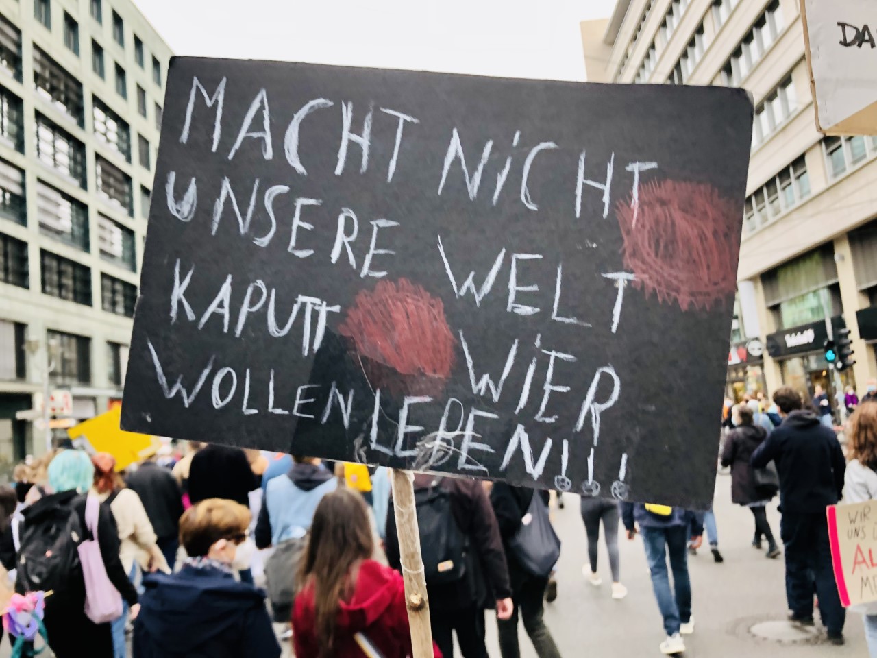 selbstgebasteltes Demoplakat mit der Aufschrift Macht nicht unsere Welt kaputt wir wollen leben!!!