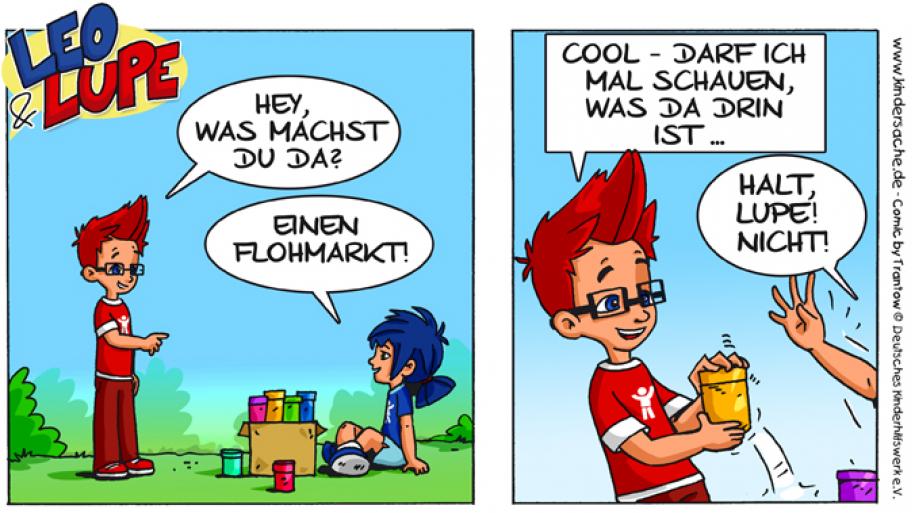 Leo macht einen Flohmarkt. Lupe fällt darauf rein. 