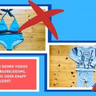 Auf einem Bild ist ein blauer Bikini abgebildet, auf dem anderen ein hell-blauer Schlafanzug. Darunter befindet sich die Erklärung des Bildes auf rotem Hintergrund. An beiden Bildern befindet sich rechts jeweils ein rotes Kreuz.