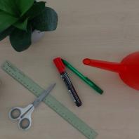 Zwei Stifte, ein Lineal, rote Gießkanne, ein Lineal, Schere, eine Pflanze