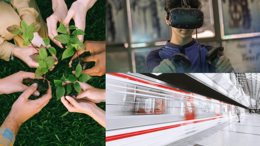 Eine Collage aus drei Bildern. Erstes Bild links zeigt viele Hände von oben, die kleine Pflanzen in die Mitte halten. Zweites Bild rechts oben zeigt einen Jungen mit VR-Brille und Controllern. Drittes Bild rechts unten zeigt einen Bahnhof, durch den ein Zug fährt, der wegen seiner Schnelliglkeit verschwommen ist.