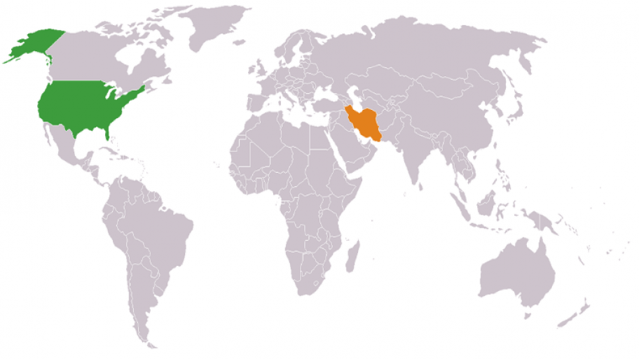 Weltkarte auf der USA und Iran markiert sind