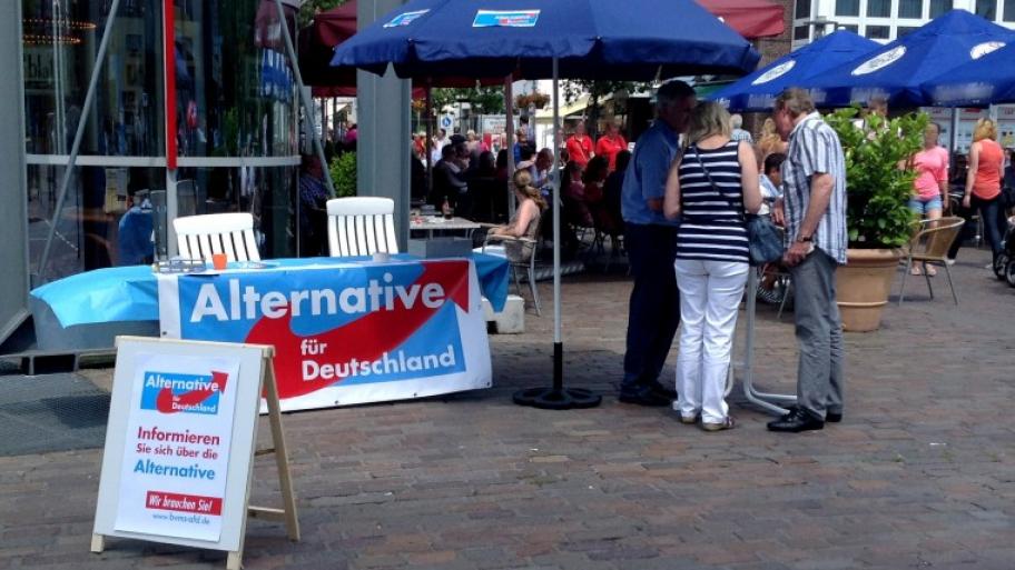 ein Stand der AfD ist zu sehen mit einem Tisch, wo das AfD Plakat davor ist mit den den Worten "Alternative für Deutschland". An einem Tresen rechts sieht man den Rücken von drei Menschen, die sich etwas angucken