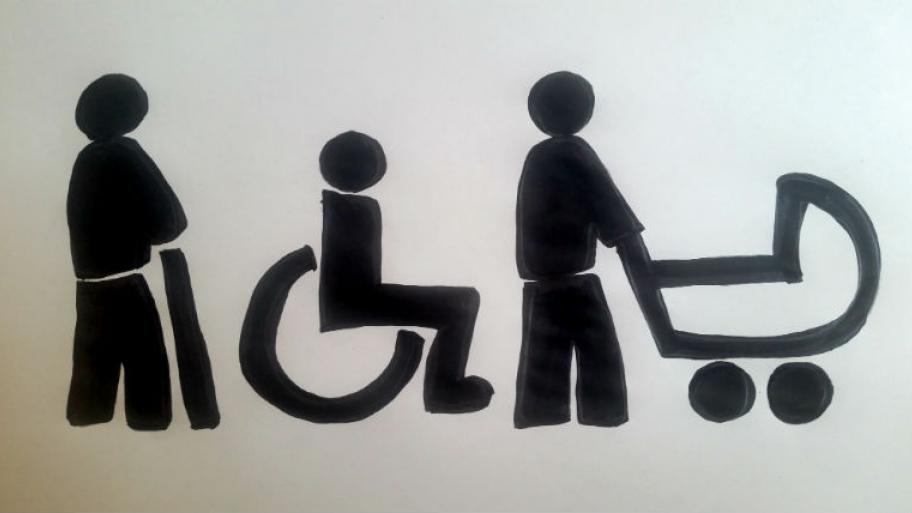 Verschiedene Zeichen für Barrierefreiheit: Eine Figur am Stock, im Rollstuhl und mit Kinderwagen