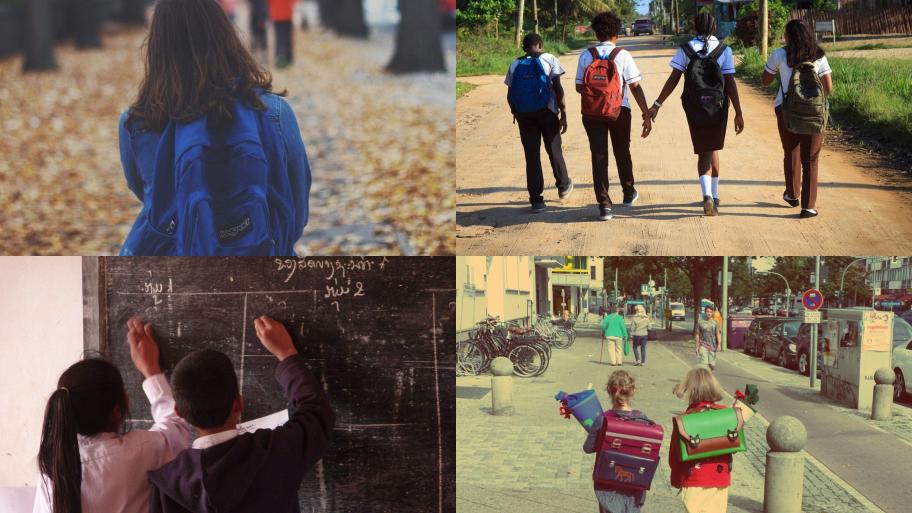 Collage aus 4 Einzelbildern, drei Fotos mit mehreren Kindern von hinten mit Ranzen auf dem Weg zur Schule, ein Foto mit zwei Kindern von hinten schreibend an der Tafel  