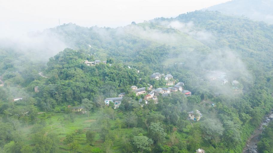Dorf im Wald; Nebel hängt in den Bäumen 