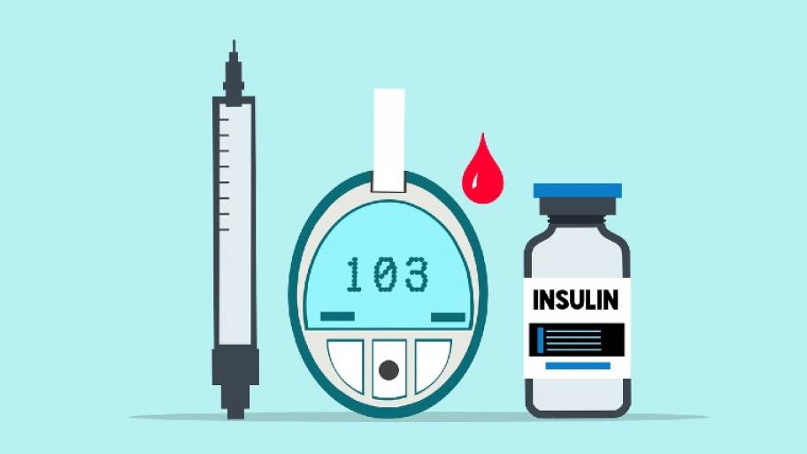 Darstellung von einer Spritze, einer Messuhr und einem Insulinliquid auf einem hellblauen Hintergrund