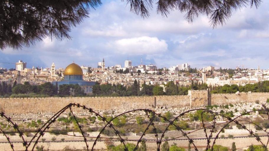 Ein Blick auf die Stadt Jerusalem. Davor, im unteren Abschnitt, ist ein Stacheldrahtzaun zu sehen.