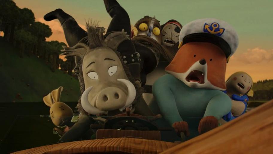 In einem Auto sitzen: ein Wildschwein, ein Fuchs, ein Hase und eine Eule. Die Tiere sind animiert.