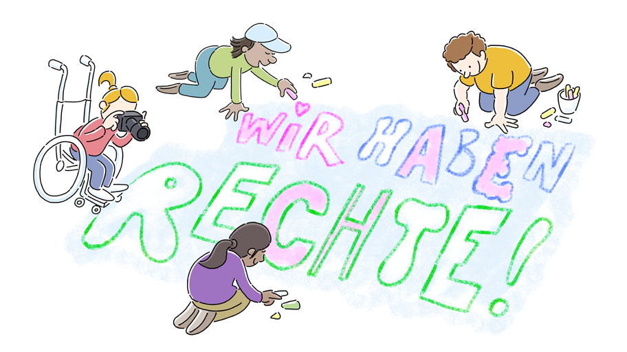 drei Kinder hocken auf dem Boden und schreiben mit Kreide, wir haben Rechte! Ein Kind im Rollstuhl fotografiert das große Kreidebild