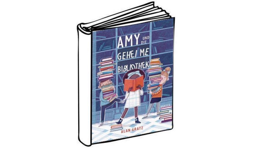 Cover: Amy und die geheime Bilbiothek, zwei Kinder tragen einen Stapel an Büchern an und das dritte Kind in der Mitte ist vertieft in ein Buch, das sie liest