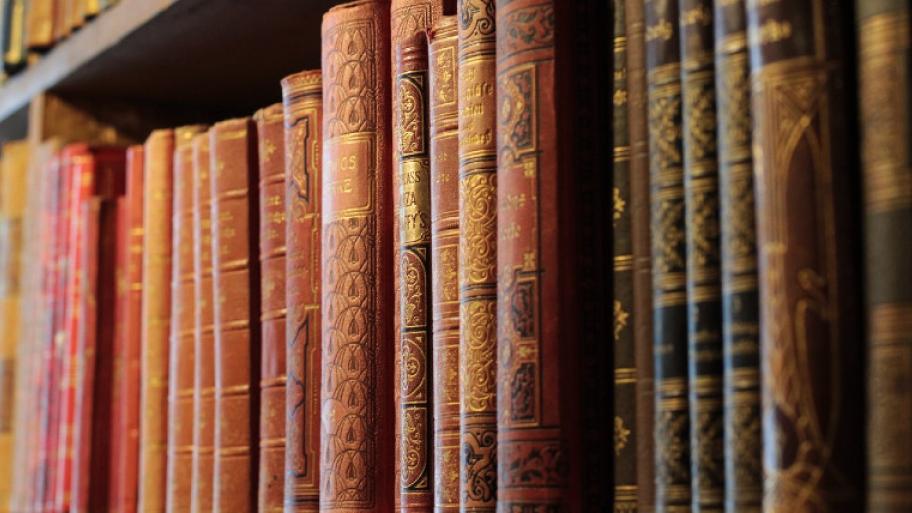 Buchregal mit alten Büchern, Buchrücken mit goldenen Verzierungen 