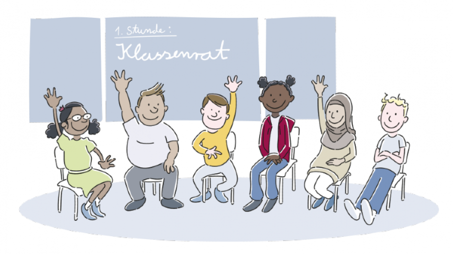 Illustration von sechs Kindern, die einen Klassenrat bilden. Vier Kinder melden sich in einer Abstimmung.