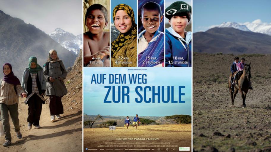 das Titelplakat zum Film "Auf dem Weg zur Schule", darauf die Kinder-Protagonist*innen