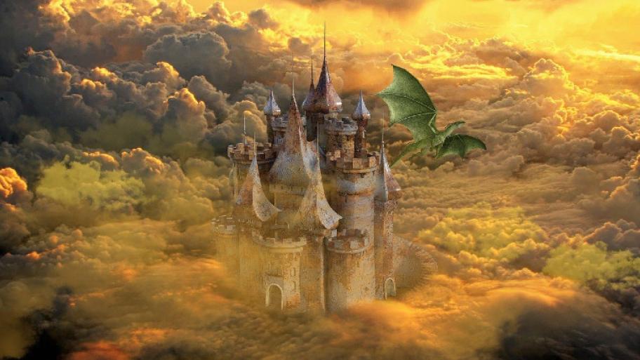 Burg ragt durch grau-gelbe Wolkendecke; rechts neben der Burg fliegt ein grüner Drache über die Dachspitzen