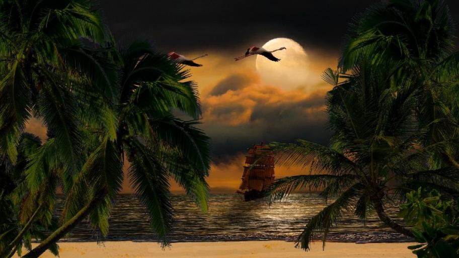 Strand mit Palmen; auf dem offenen Meer segelt ein Piratenschiff; Flamingos fliegen durch die Luft; die Sonne geht unter