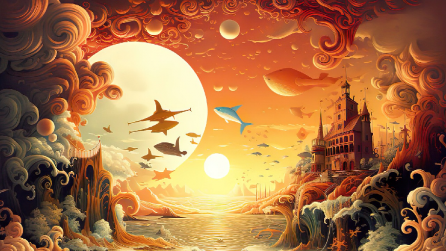 Ai generiertes Bild, fiktive Stadt mit Schloss auf Hügel, fliegenden Fischen, Wellen am Himmel und großem Mond am Horizont