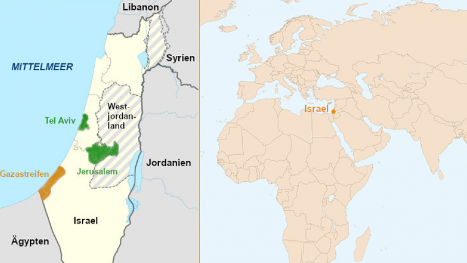 Links: eine Karte von Israel und den Gebieten Gazastreifen und Westjordanlasn, rechts: ein Ausschnitt von der Weltkarte von Afrika und Europa, wo Israel markiert ist