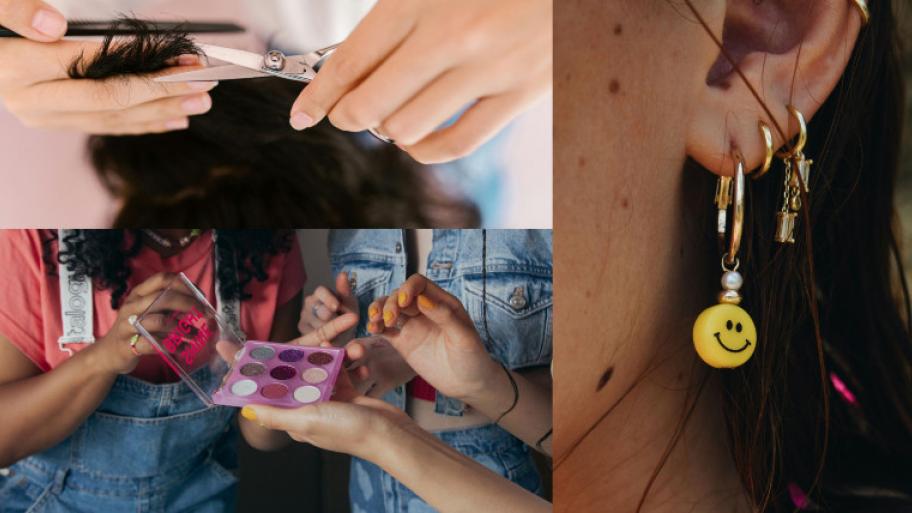Drei Bilder in einer Collage. Das erste Bild zeigt, wie einer Person die Haare geschnitten wird, das zweite, wie drei Personen Make-up in den Händen halten und ausprobieren, das dritte zeigt ein Ohr mit verschiedenen Ohrlöchern und Piercings