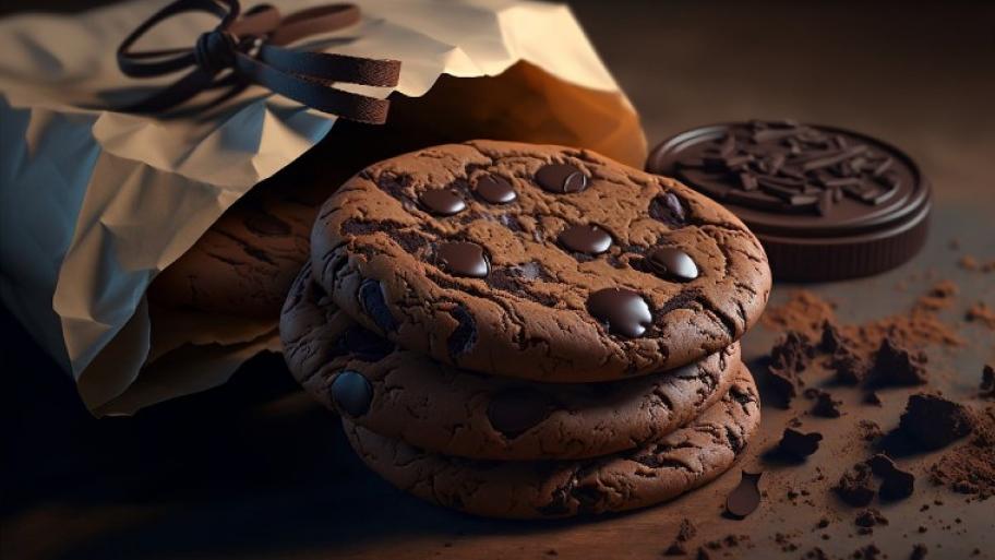 Zwei gestapelte Cookies. Brauner Keks mit Schokostücken. Im Hintergrund eine Papiertüte.