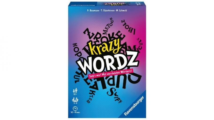 Blau-pinke Spielverpackung mit dem Schriftzug "krazy Wordz", Buchstaben und zufällige Wörter fliegen um den Schriftzug herum