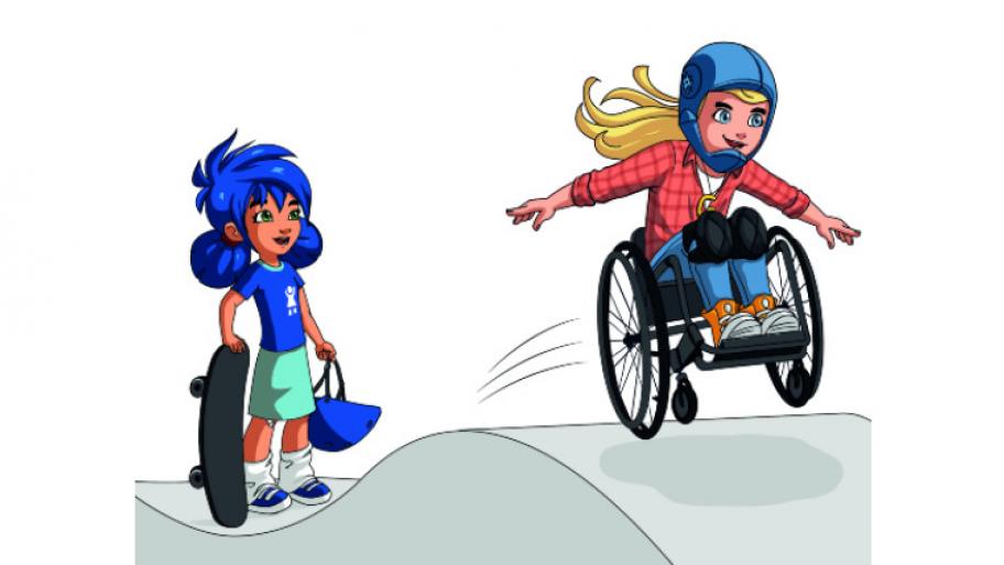 Leo und Greta sind Skaten, Greta saust mit ihrem Rollstuhl über die wellenförmige Skatebahn