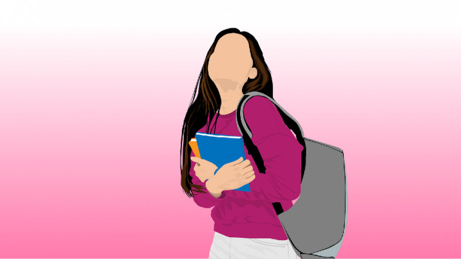 ein Mädchen mit Rucksack auf dem Rücken und Büchern in der hand