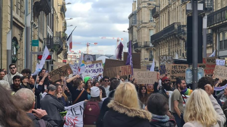 eine Straße in Bordeaux (Frankreich), links und rechts Häuserfronten, auf der Straße viele Demonstrierende mit Plakaten