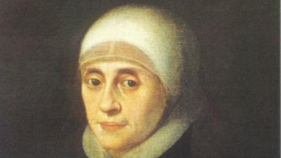 Eine Frau mit einer weißen Kopfbedeckung und strengem Blick steht vor einer schwarzen Wand. Das Bild ist gemalt.