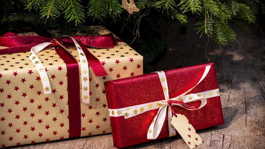 Zwei verpackte Geschenke liegen unter dem Weihnachtsbaum. 