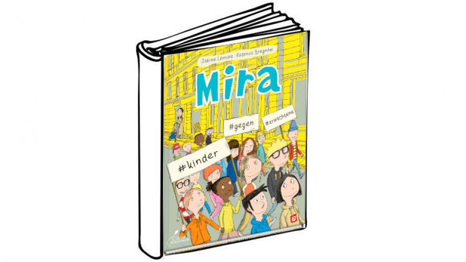 das Buchcover von Mira, es ist gelb mit gezeichneten Kindern drauf, die demonstrieren 