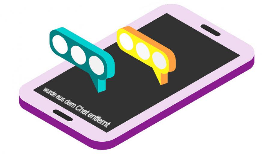 Illustration eines Smartphones; Sprechblasen schweben über dem Bildschirm