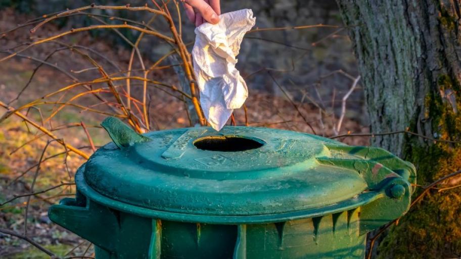 Taschentuch wird in eine Mülltonne geworfen; Mülltonne steht in der Natur