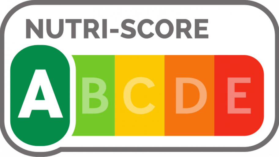 Nutri-Score-Kennzeichnung "A" für höchste Nährwertqualität, dunkelgrün; weitere Kennzeichnungen in Folge: B,C,D,E grün bis rot