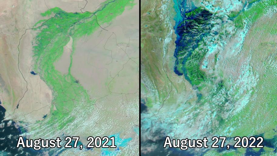 Satellitenansicht mit Vergleichskarte von 2021 und 2022: Überschwemmungen der Flüsse