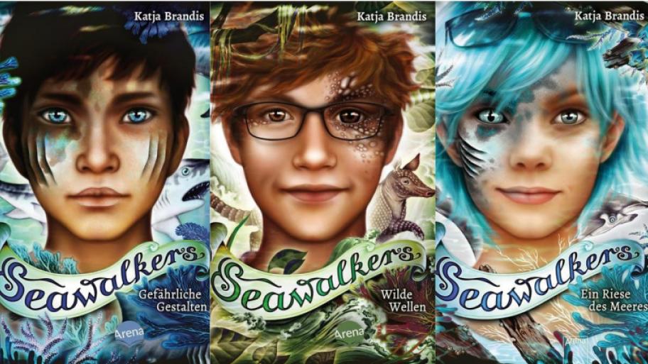 Drei Cover der Buchreihe Seawalkers "Gefährliche Gestalten", "Wilde Wellen" und "Ein Riese des Meers"