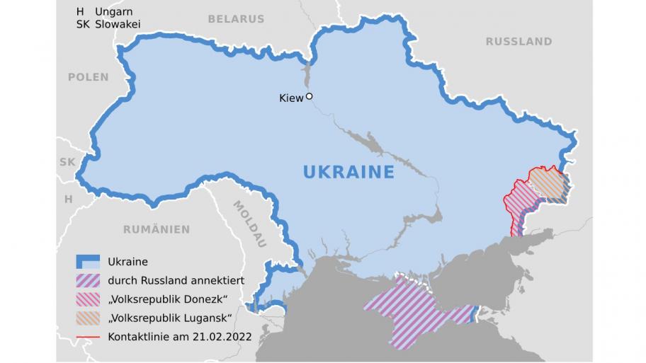 Karte der Ukraine mit den von Russland annektierten Gebieten und den Separatistengebieten (Stand: 21. Februar 2022)